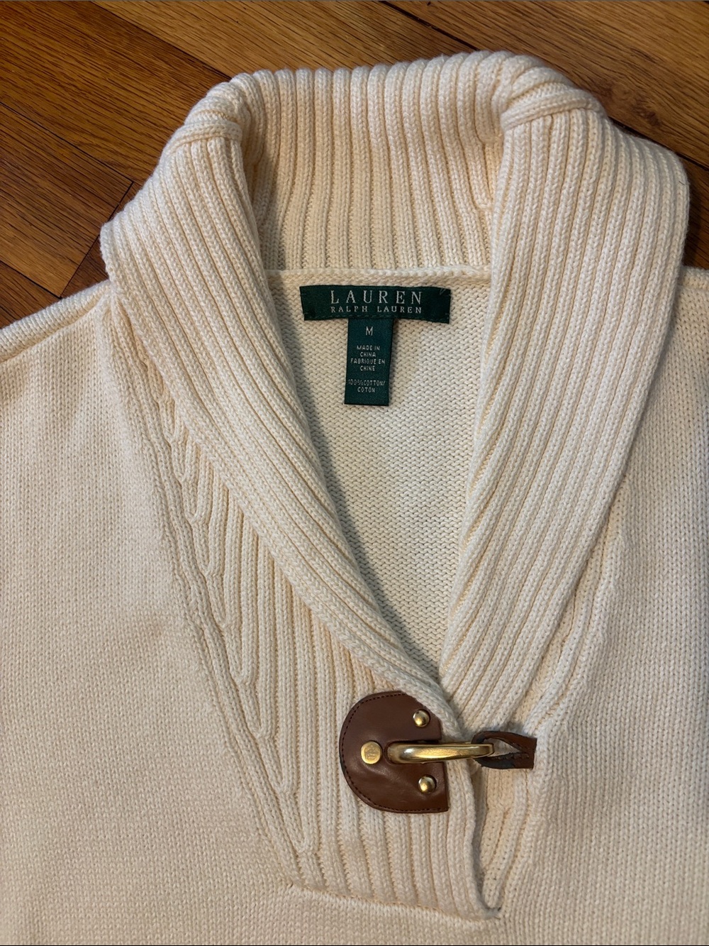 Lauren Ralph Lauren Cream Shawl-Collar V-Neck Toggle Sweater - Picture 2 of 6